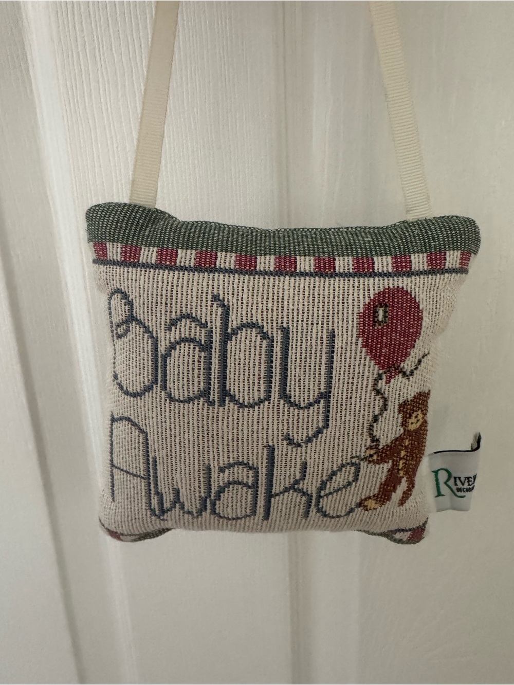 Riviera Cream Hanging Door Pillow with Navy Text, Red Balloon and Brown Bear